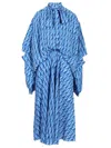 Balenciaga Blue Long Dress With All-over Print And Bow Closure In Fabric Woman