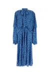 Balenciaga Blue Long Dress With All-over Print And Bow Closure In Fabric Woman In Blue