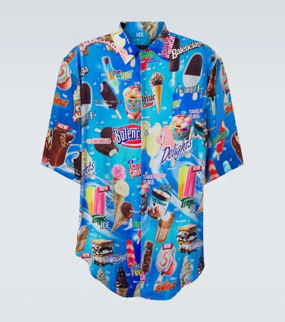 Balenciaga Sweet Treat Minimal Oversized Printed Poplin Shirt In Blue