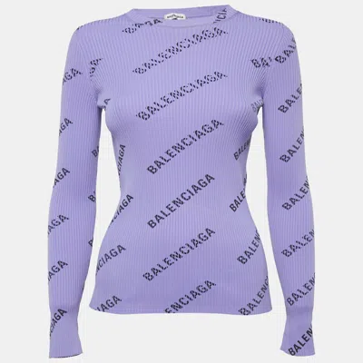 Pre-owned Balenciaga Purple All-over Print Rib Knit Crewneck Sweater M