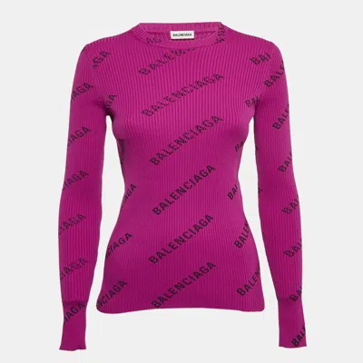 Pre-owned Balenciaga Purple Logo Print Rib Knit Full Sleeve T-shirt S
