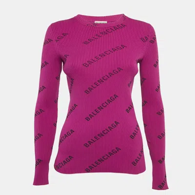 Pre-owned Balenciaga Purple Logo Print Rib Knit Long Sleeve Jumper M