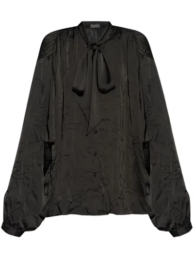 Balenciaga Satin Blouse With Bow And Cut-out Sleeves In Black