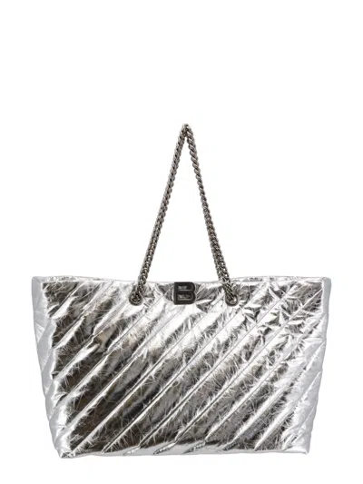 Balenciaga Quilted Leather Shoulder Bag With Frontal Monogram In Silver