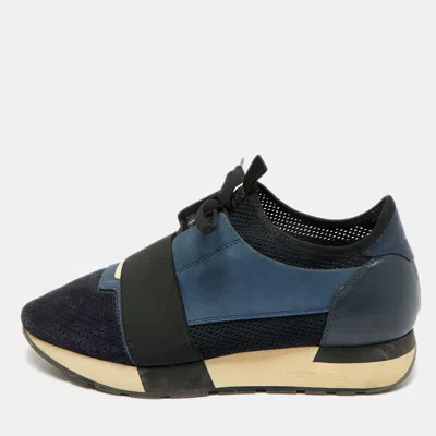Pre-owned Balenciaga Race Runner Size 40 Navy Blue Leather And Mesh Low Top Sneakers