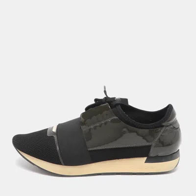Pre-owned Balenciaga Race Runner Size 43 Black/olive Mesh And Patent Leather Low Top Sneakers