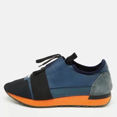 Pre-owned Balenciaga Race Runner Size 43 Navy Blue/black Leather Mesh And Stretch Band Sneakers