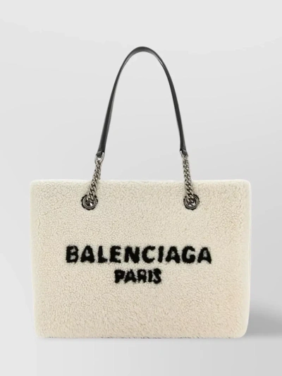Balenciaga Rectangular Shearling Handbag With Metal Chain Handles In Beige