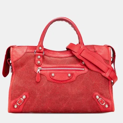 Pre-owned Balenciaga Red Lambskin Trimmed Canvas Motocross City Giant 12 Satchel
