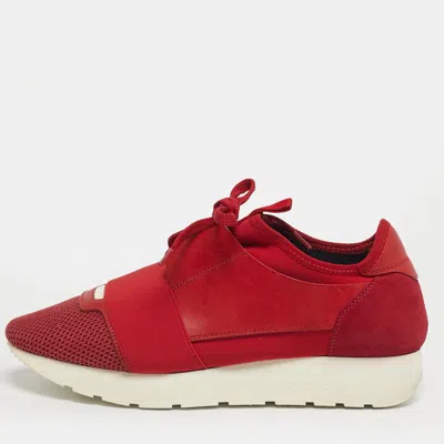 Pre-owned Balenciaga Red Leather And Mesh Race Runner Low Top Sneakers Size 38