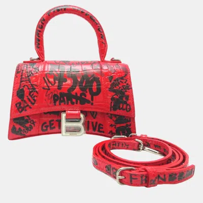 Pre-owned Balenciaga Red Leather Graffiti Hourglass Xs Top Handle Bags