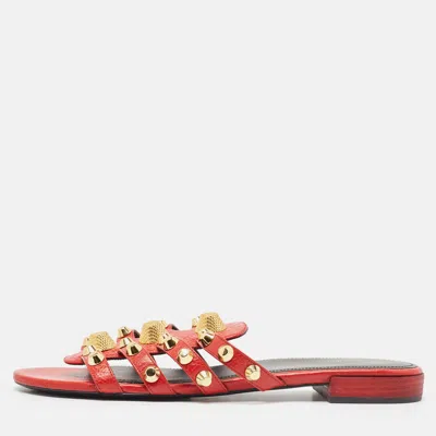 Pre-owned Balenciaga Red Leather Studded Arena Flat Slides Size 41