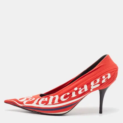 Pre-owned Balenciaga Red/black Logo Fabric And Leather Knife Pumps Size 40