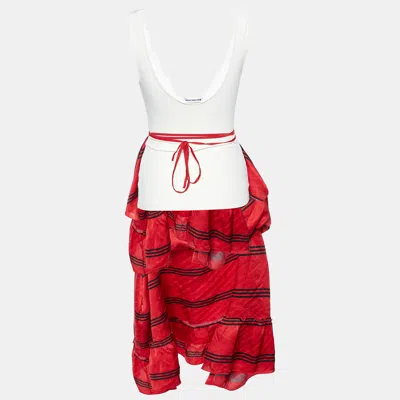 Pre-owned Balenciaga Red/cream Silk & Knit Layered Midi Dress M