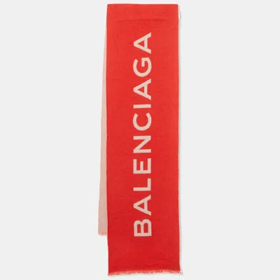Pre-owned Balenciaga Red/pink Logo Intarsia Cashmere Scarf