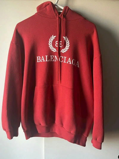 Pre-owned Balenciaga Red/white Crest Logo Hoodie (l)