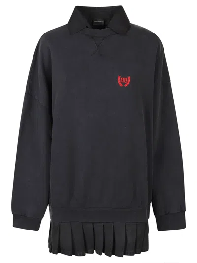 Balenciaga Relaxed Fit Polo Collar Dress With Pleated Skirt And Embroidered Logo In Black
