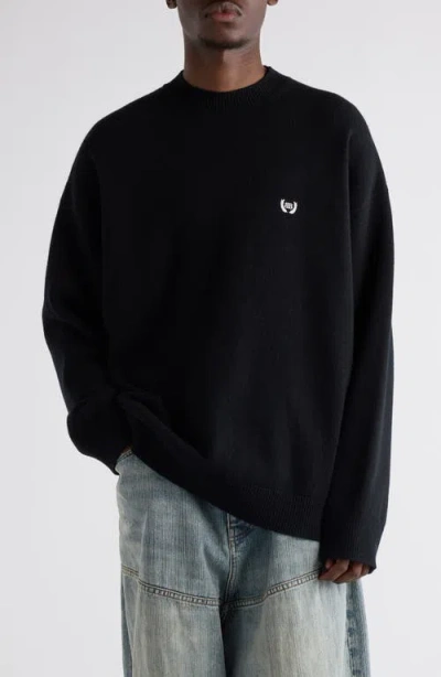 Balenciaga Relaxed Logo Embroidered Virgin Wool Sweater In 1000 Black