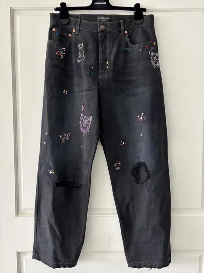 Pre-owned Balenciaga Rhinestone Scribble Baggy Denim Jeans