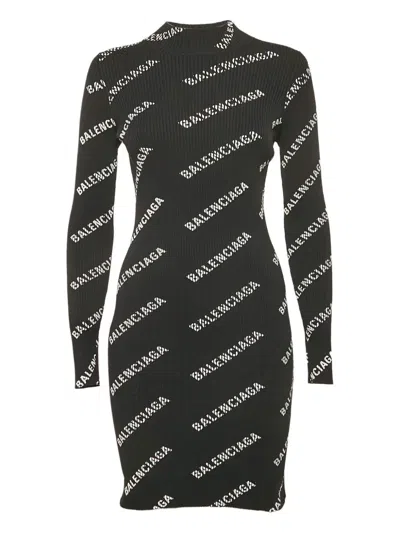 Pre-owned Balenciaga Rib-knit Logo-print Mini Dress In Black