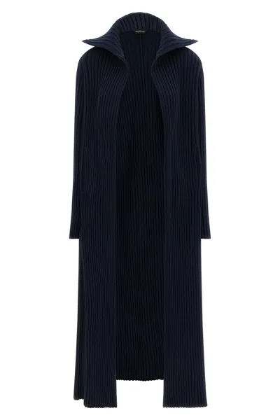 Balenciaga Long Ribbed Cardigan High Collar In Blue