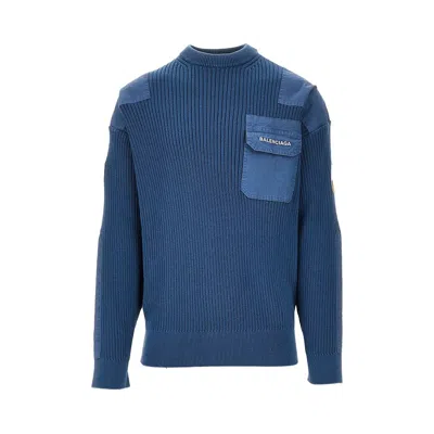 Balenciaga Ribbed Cotton Sweater With Patches In Blue