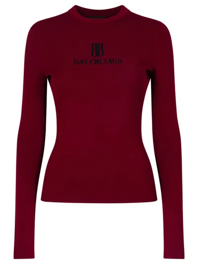 Balenciaga Ribbed Crewneck Long-sleeved Fitted Top Clothing In Burgundy