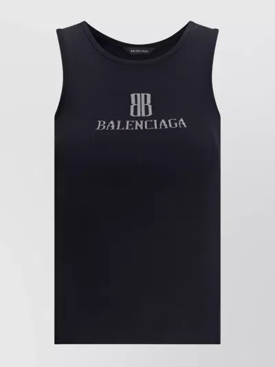 Balenciaga Ribbed Logoed Sleeveless Slim Fit Top In Black