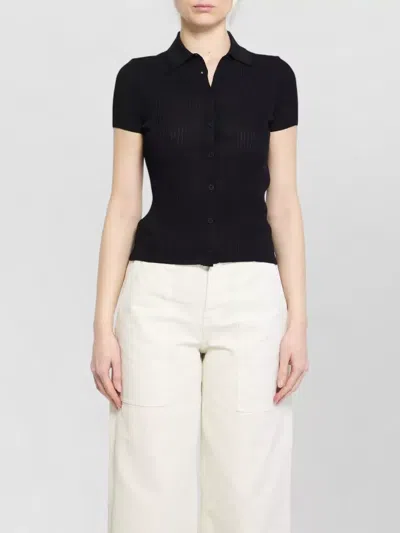 Balenciaga Ribbed Short Sleeve Collared Fitted Shirt In Black