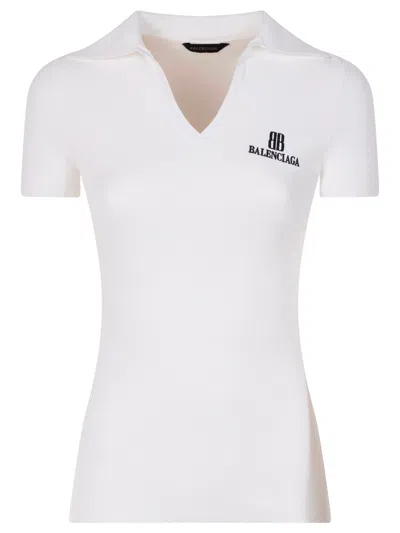 Balenciaga Ribbed V-neck Short-sleeved Polo Shirt In White