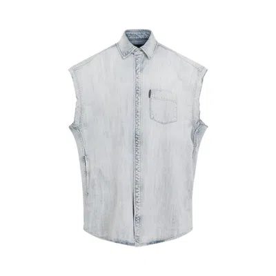 BALENCIAGA BALENCIAGA RIPPED SLEEVE LIGHT BLUE COTTON SHIRT