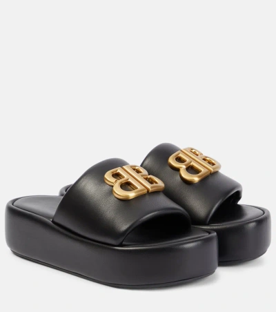 Balenciaga Rise Bb Leather Platform Slides In Black/gold