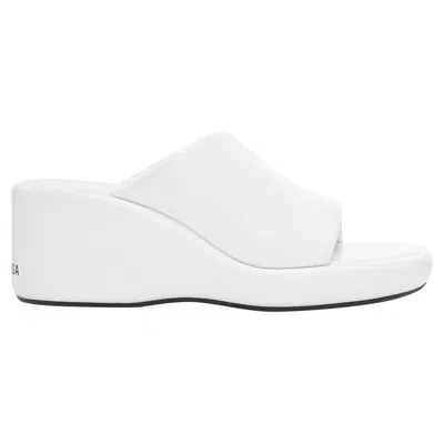 Pre-owned Balenciaga Rise White Calf Leather Black Logo Padded Wedged Slides Eu38
