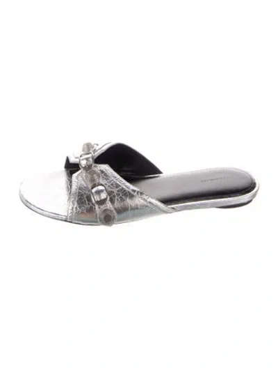 Pre-owned Balenciaga Rockstud Accents Leather Slides In Silver