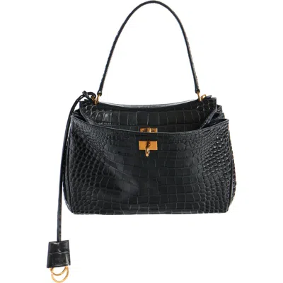 Balenciaga Rodeo Croc Embossed Leather Handbag In Black