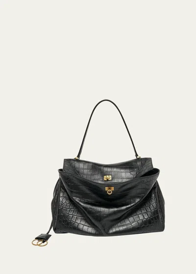 Balenciaga Women`s Medium Rodeo Crocodile Embossed Bag In Black