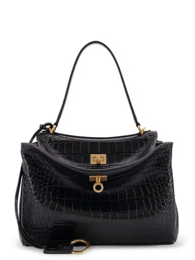 Balenciaga Women`s Medium Rodeo Crocodile Embossed Bag In Black