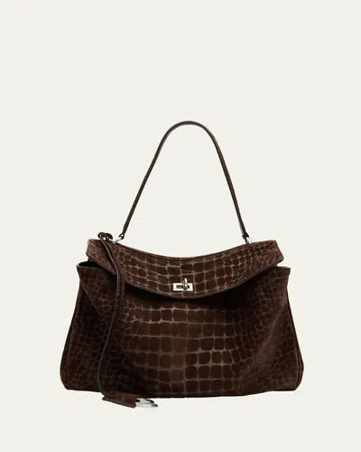 BALENCIAGA RODEO MEDIUM CROC-EMBOSSED SUEDE TOP-HANDLE BAG