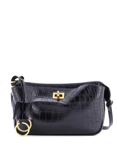 Pre-owned Balenciaga Rodeo Sling Pochette Crocodile Embossed Leather Shoulder Bag In Black