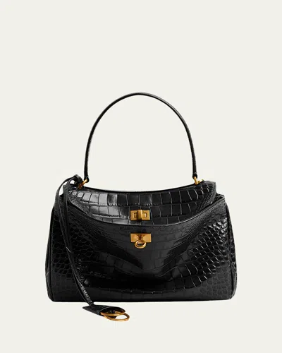 Balenciaga Rodeo Small Croc-embossed Top-handle Bag In Black