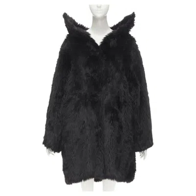 Pre-owned Balenciaga Runway  Demna 2019 Runway Black Faux Fur Swing Off Shoulder Coat Fr34