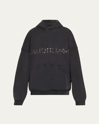 Balenciaga Safety-pin Logo Oversized Hoodie In Noir