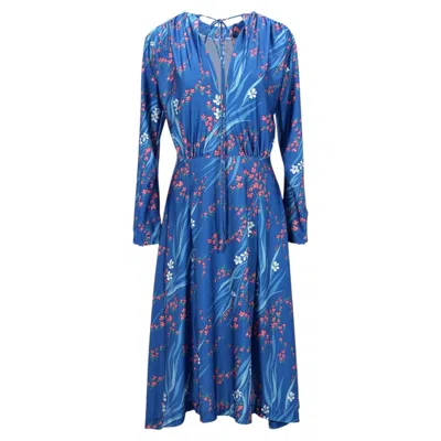 Pre-owned Balenciaga Sakura-print Midi Dress In Blue Polyester