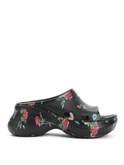 Balenciaga X Crocs Rose Print Pool Slides In Black