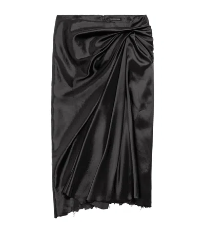 Balenciaga Asymmetric Frayed Gathered Draped Satin Midi Skirt In Black