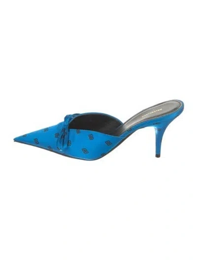 Pre-owned Balenciaga Satin Graphic Print Mules In Blue
