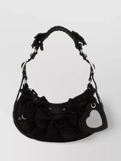 Balenciaga Satin Xs Shoulder Bag With Braided Handle And Bow Embellishment In Black