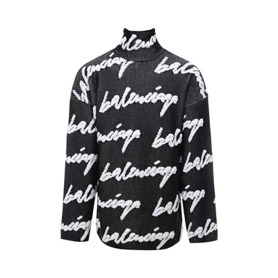 Pre-owned Balenciaga Scribble Logo Turtleneck Jersey Sweater 'black/white' | Men's Size L