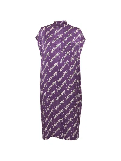 Pre-owned Balenciaga Scribbled-print Raw-cut Midi Shirt Dress In Purple