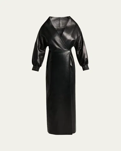Balenciaga Sculpted Leather Long-sleeve Maxi Wrap Dress In Black